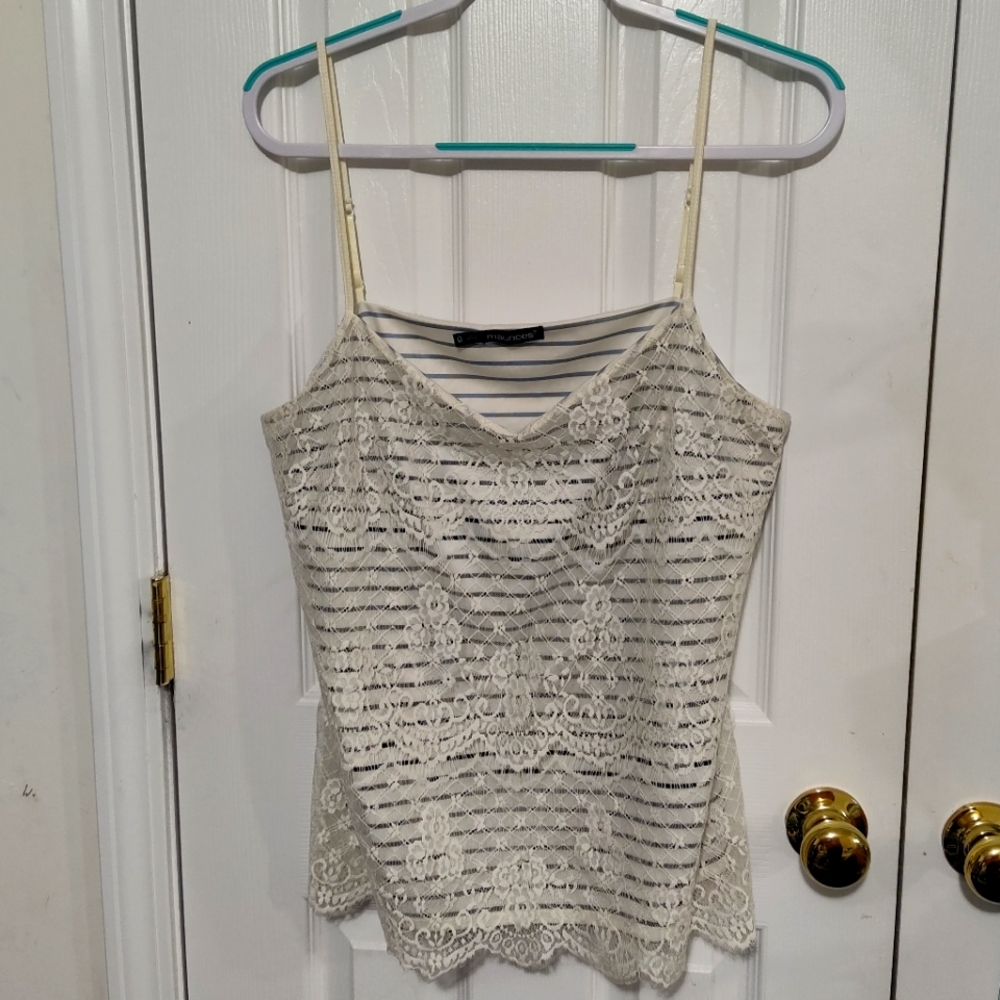 Maurice's 0X Eggshell White Lacy Tank- Adjustable Straps & Horizontal Stripes